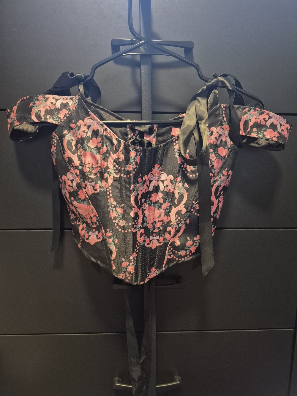 Sugar Thrillz-Black Corset Crop Top with Pink Floral Print
